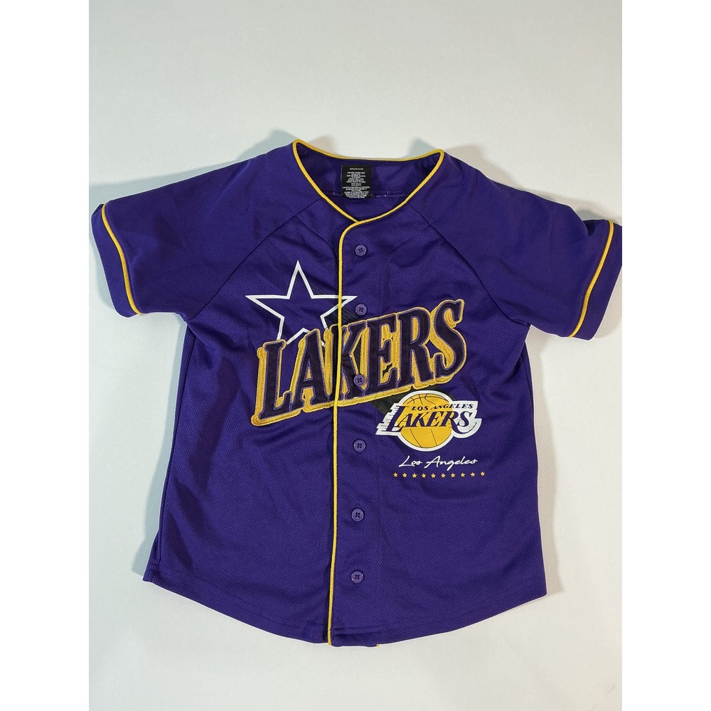LA Lakers Youth Baseball Jersey Purple Gold Button Up Size 8